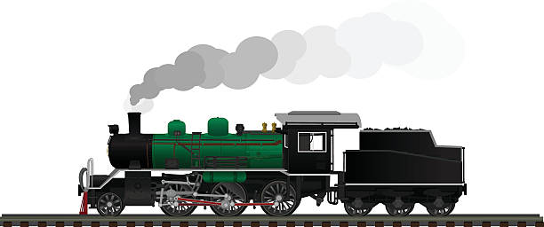 Old steam locomotive green and black World War generation isolated on white background. Vector Illustration